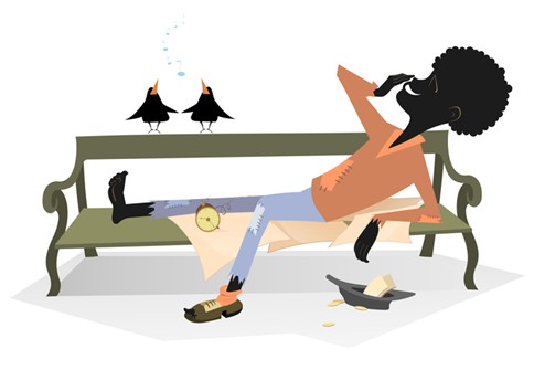 illustration: person and birds on bench